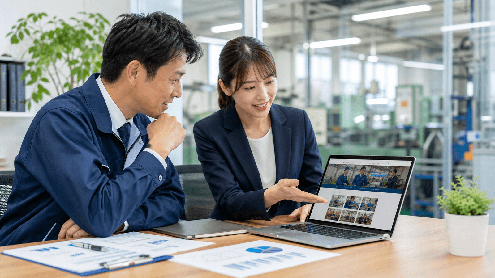 採用ページ制作について求人票と採用ページを見ながら相談する様子